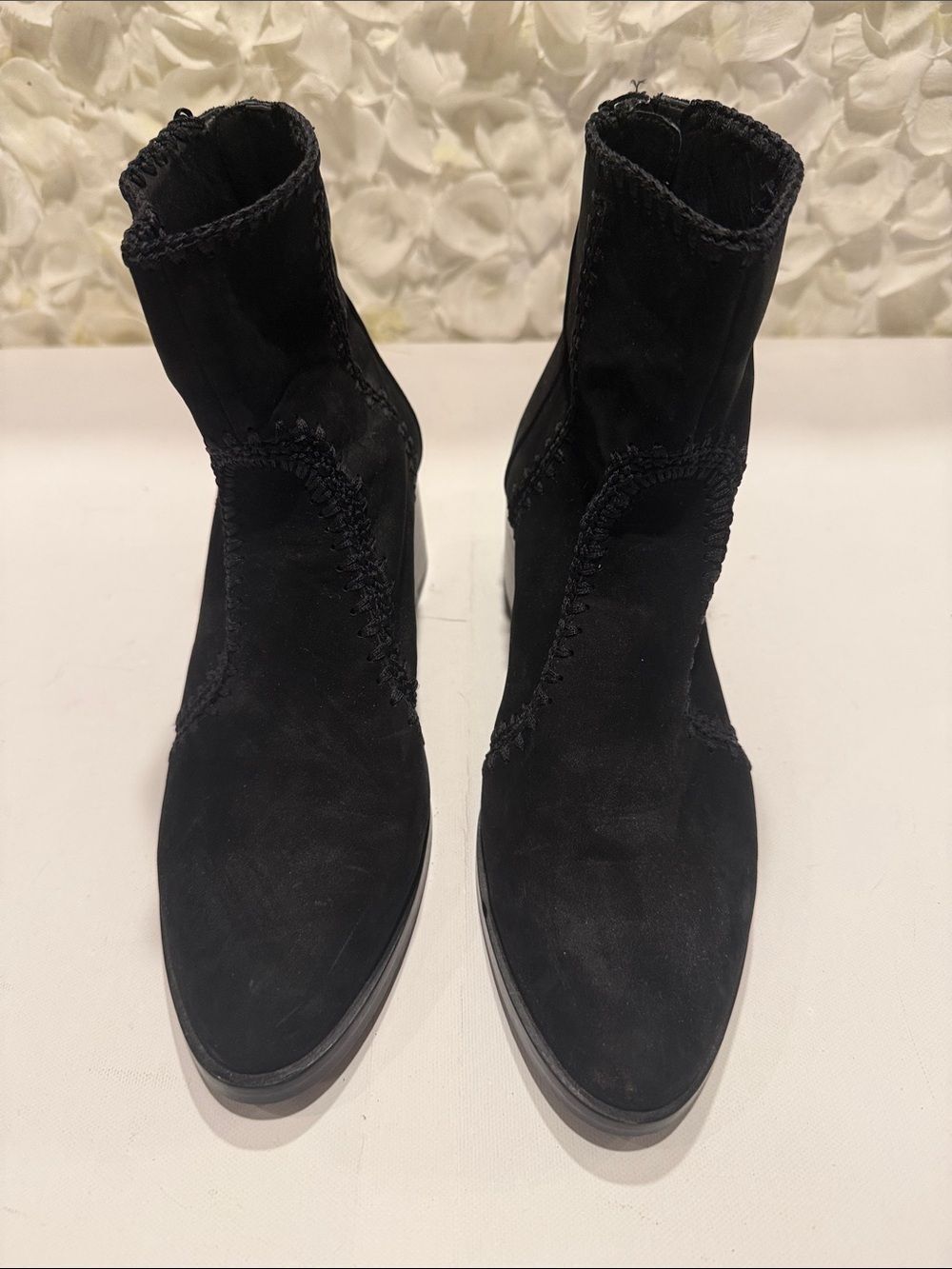 Chelsea & Violet Black Suede Ankle Booties with Whipstitch Trim